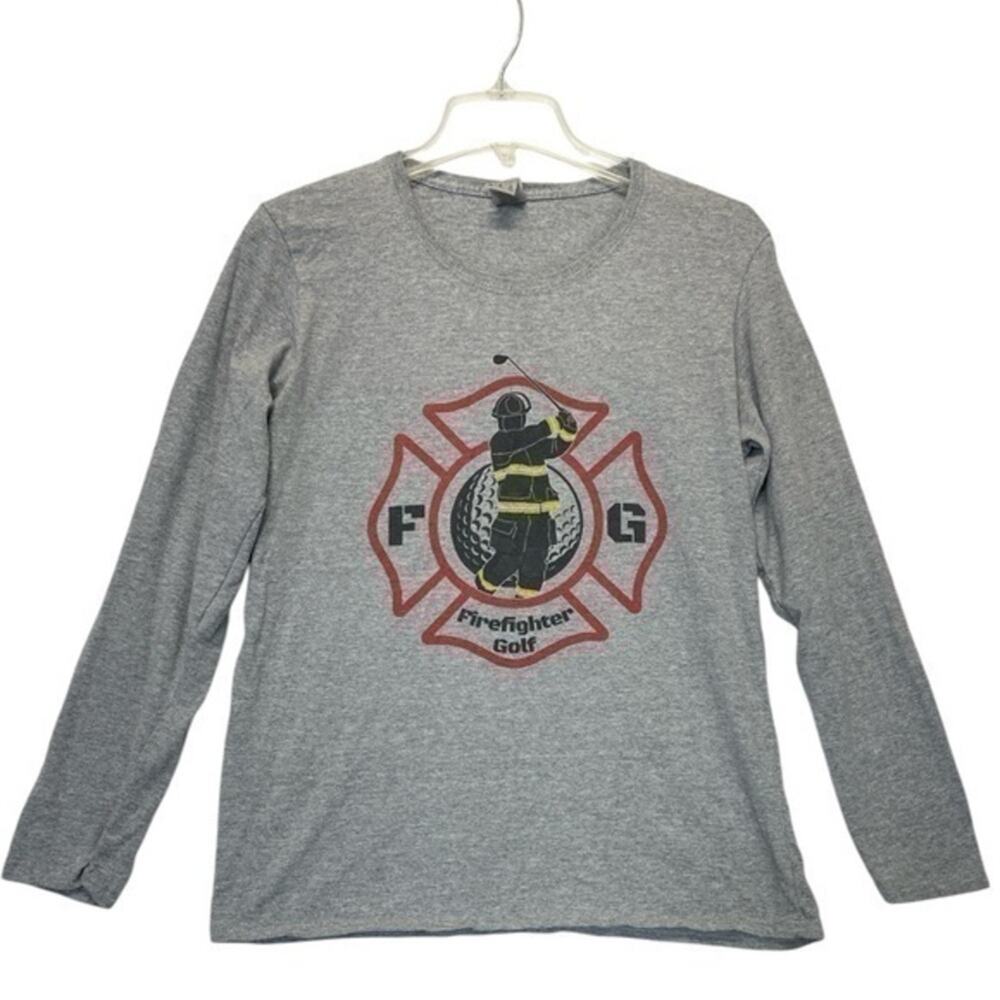 Firefighter Golf Long Sleeve Shirt Women’s Large Gildan Gray Graphic Tee